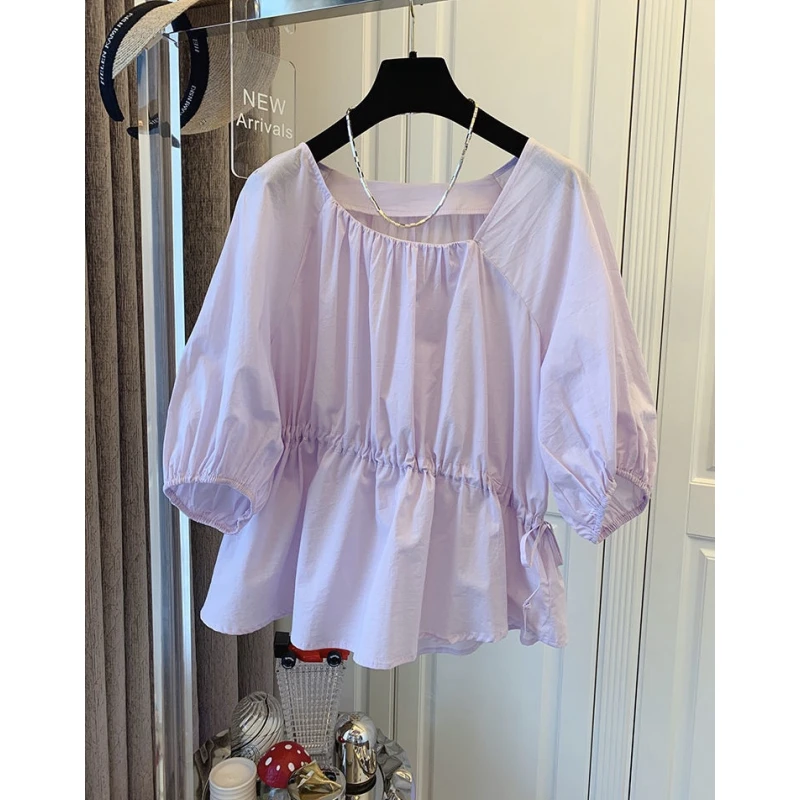 舒适新款设计感小众宽松遮肚收腰衬衫女夏休闲不规则短袖衬衣上衣