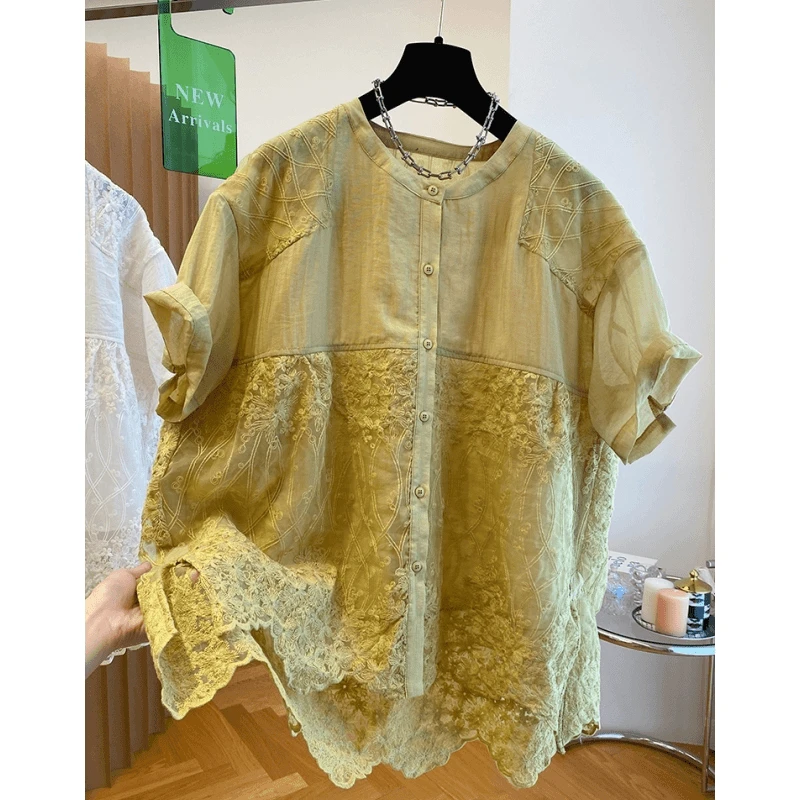 高级感新中式提花刺绣圆领短袖衬衫上衣女舒适夏季宽松大码雪纺衫