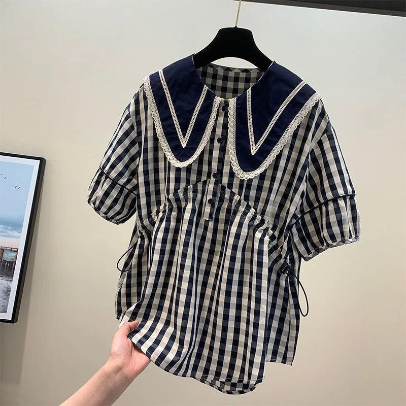 2024年新款设计感短袖t恤衬衫女夏胖妹妹洋气衬衣遮肚子格子上衣