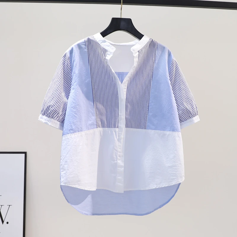 舒适感夏季新款设计感条纹拼接假两件撞色大码百搭时尚女装衬衫
