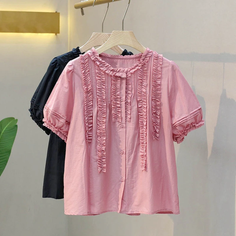 设计感娃娃衫木耳边减龄泡泡袖衬衫上衣女舒适夏季新款圆领小衫潮