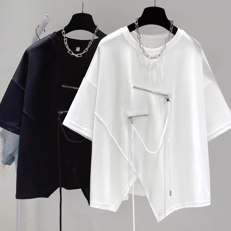 设计感韩版不规则拉链开叉装饰短袖T恤上衣女舒适夏季新款百搭ins