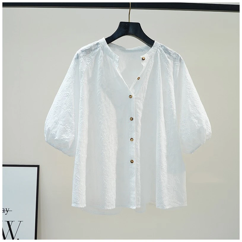 高级感大码宽松绣花短袖衬衫上衣女舒适设计感复古灯笼衬衣薄款潮