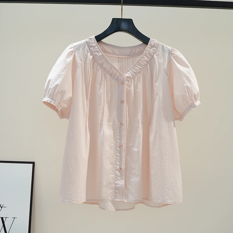 舒适夏季新款胖MM大码宽松V领泡泡袖衬衫上衣女设计感百搭小衫潮