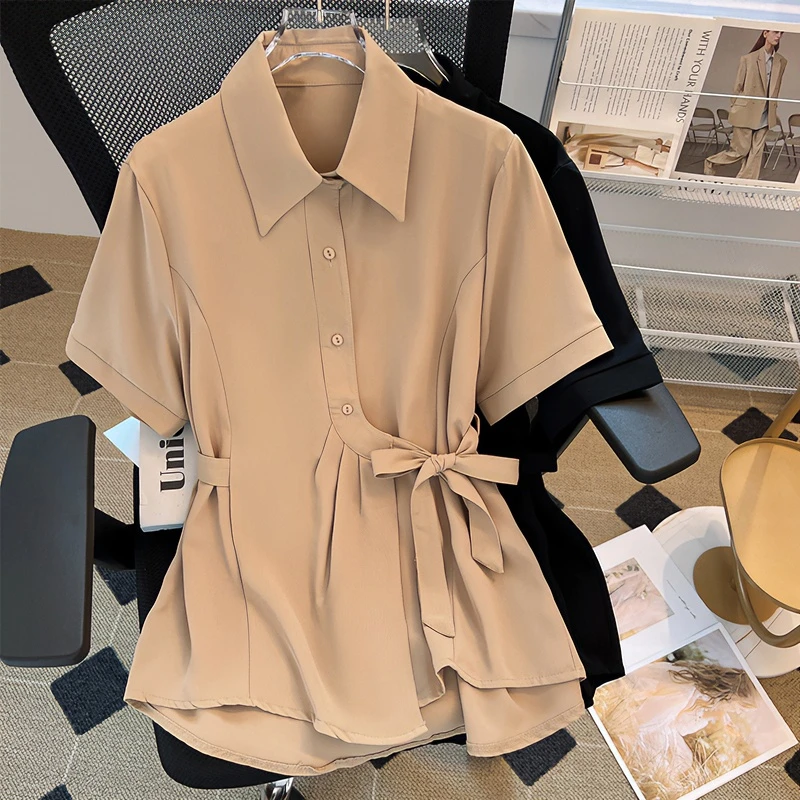 胖妹妹设计感小众气质女衬衫夏2024新款宽松短袖百搭职业衬衣上衣