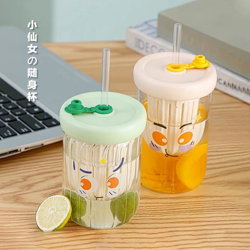 花茶杯玻璃杯萌趣杯大眼萌茶水分离大容量便携吸管杯