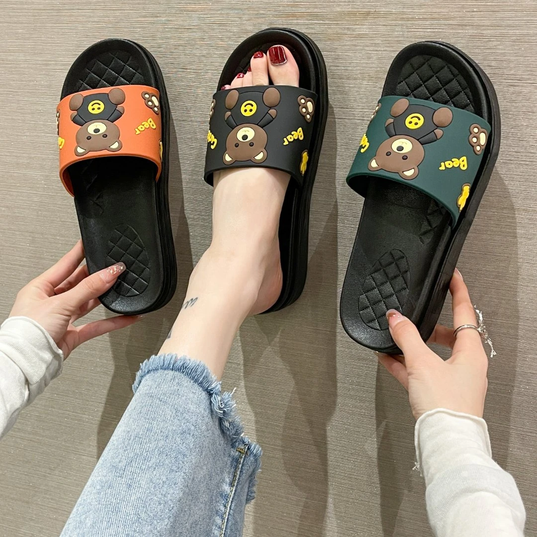 网红女夏新款居家外出可爱卡通坐熊浴室洗澡防滑韩版厚底一字拖女