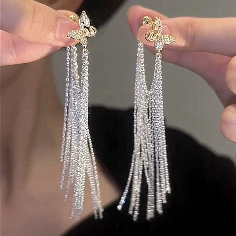 925银针金色蝴蝶银色流苏星河瀑布长款耳环时尚个性小众百搭耳饰