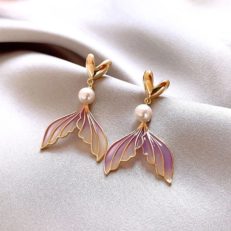 铜合金耳饰 渐变鱼尾耳钉2025新款爆款精致耳环小众设计银针耳饰