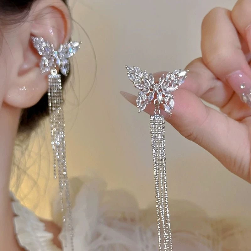 闪耀锆石蝴蝶流苏耳骨夹无耳洞女轻奢小众百搭气质显脸小耳饰仙气