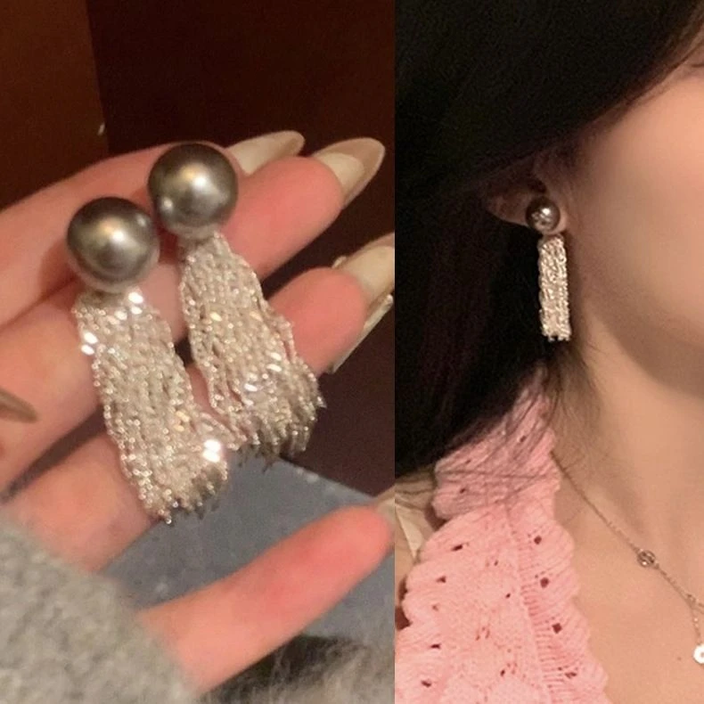 铜合金耳饰 一款两戴~烟灰珠珠流苏链条耳钉小众百搭复古耳环耳饰