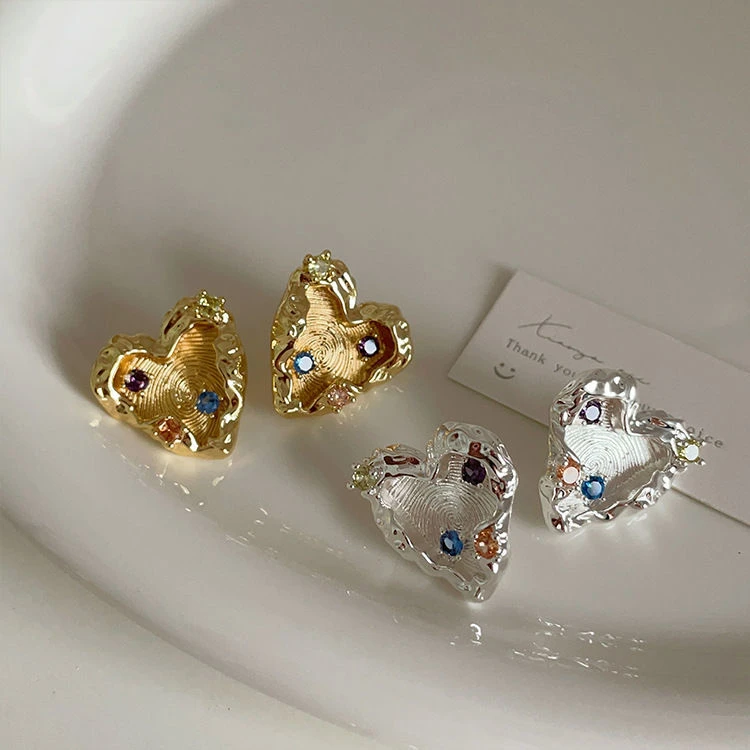 不规则螺纹金属爱心耳钉女设计感小众复古个性百搭气质耳环耳饰