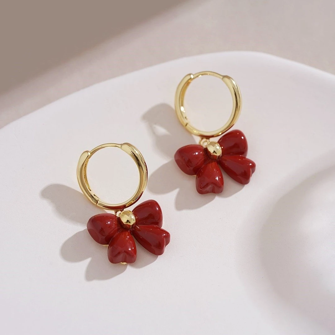 铜合金耳饰 红色蝴蝶结耳坠轻奢法式复古耳扣小众高级感耳环耳饰