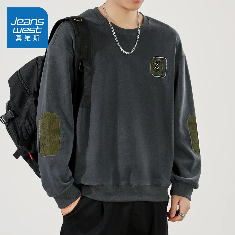 真维斯男士春秋圆领卫衣美式复古休闲宽松百搭圆领长袖上衣男装