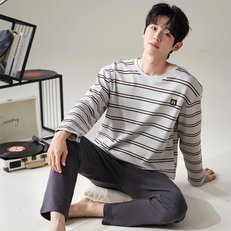 新款春秋季纯棉男士睡衣休闲全棉家居服中年男加大码长袖条纹套装
