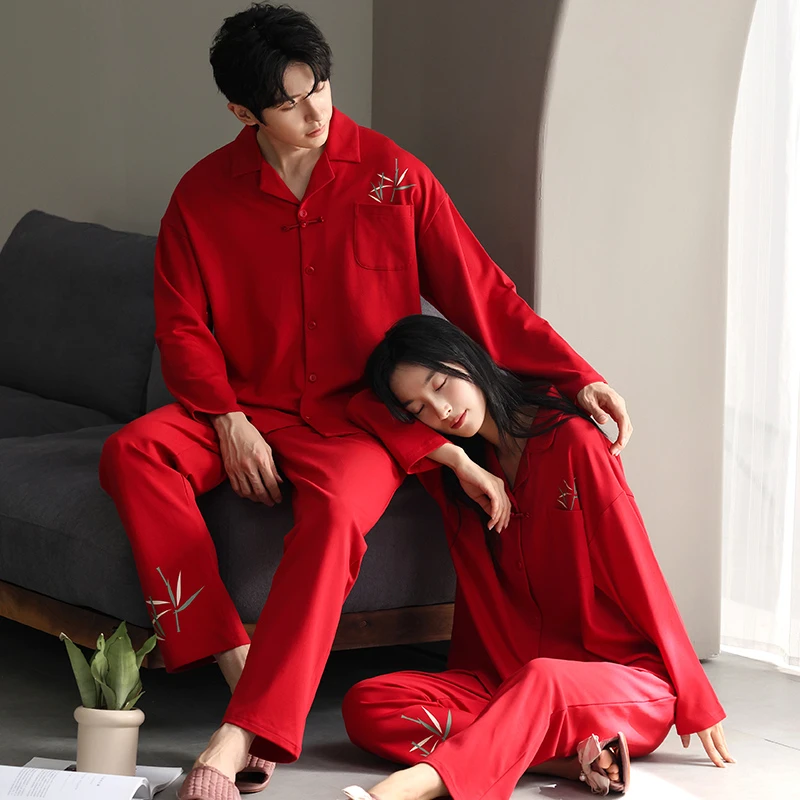 中国风春秋季情侣睡衣女纯棉长袖结婚新婚本命年必备红色男家居服