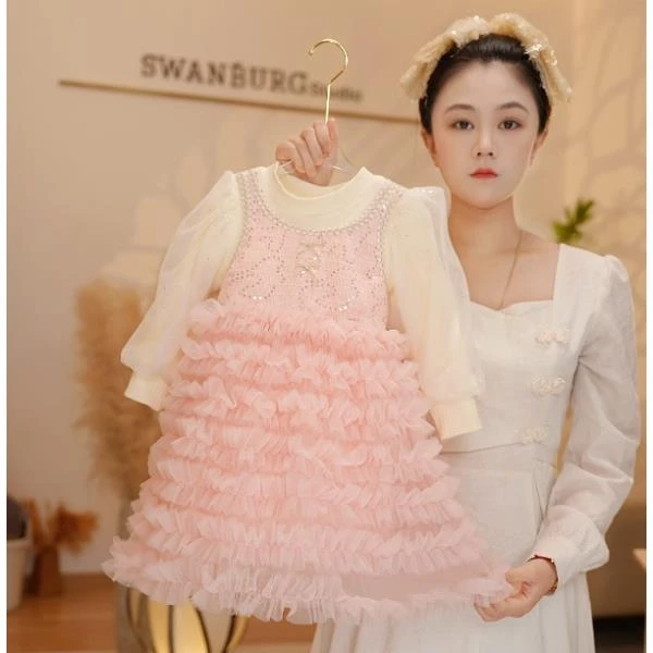 【Y.k3489】2024新款秋冬女宝拼接网纱蛋糕裙礼服公主裙气质连衣裙