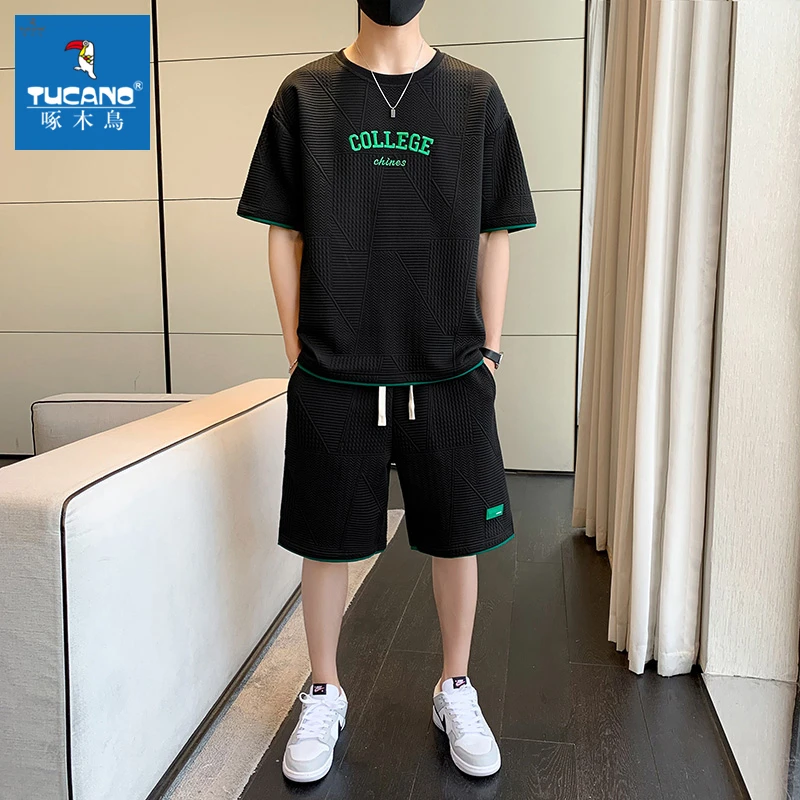 啄木鸟男士夏季潮流休闲运动套装冰丝薄款短袖t恤五分短裤两件套T