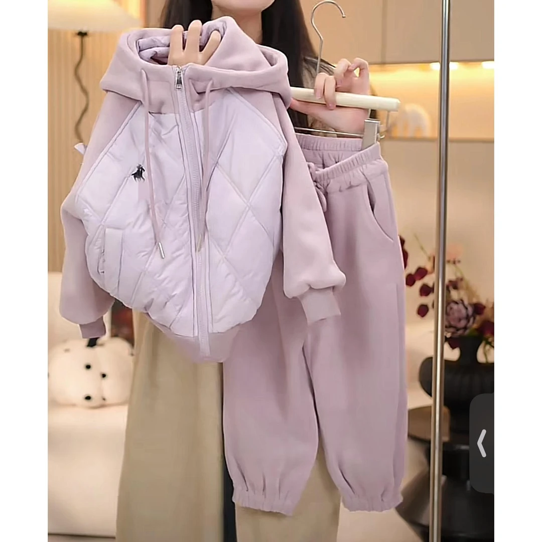 女童夹棉卫衣外套加厚卫裤套装2024儿童连帽棉服秋冬运动两件套潮