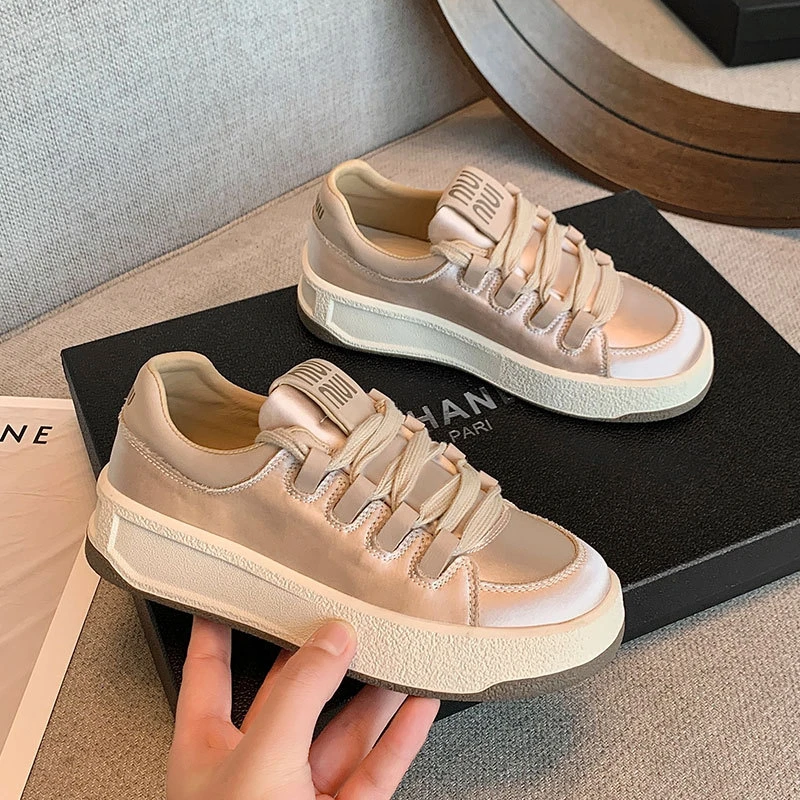 小众玫瑰金韩版板鞋女2024新款厚底丝绸鞋子休闲运动鞋insF-1