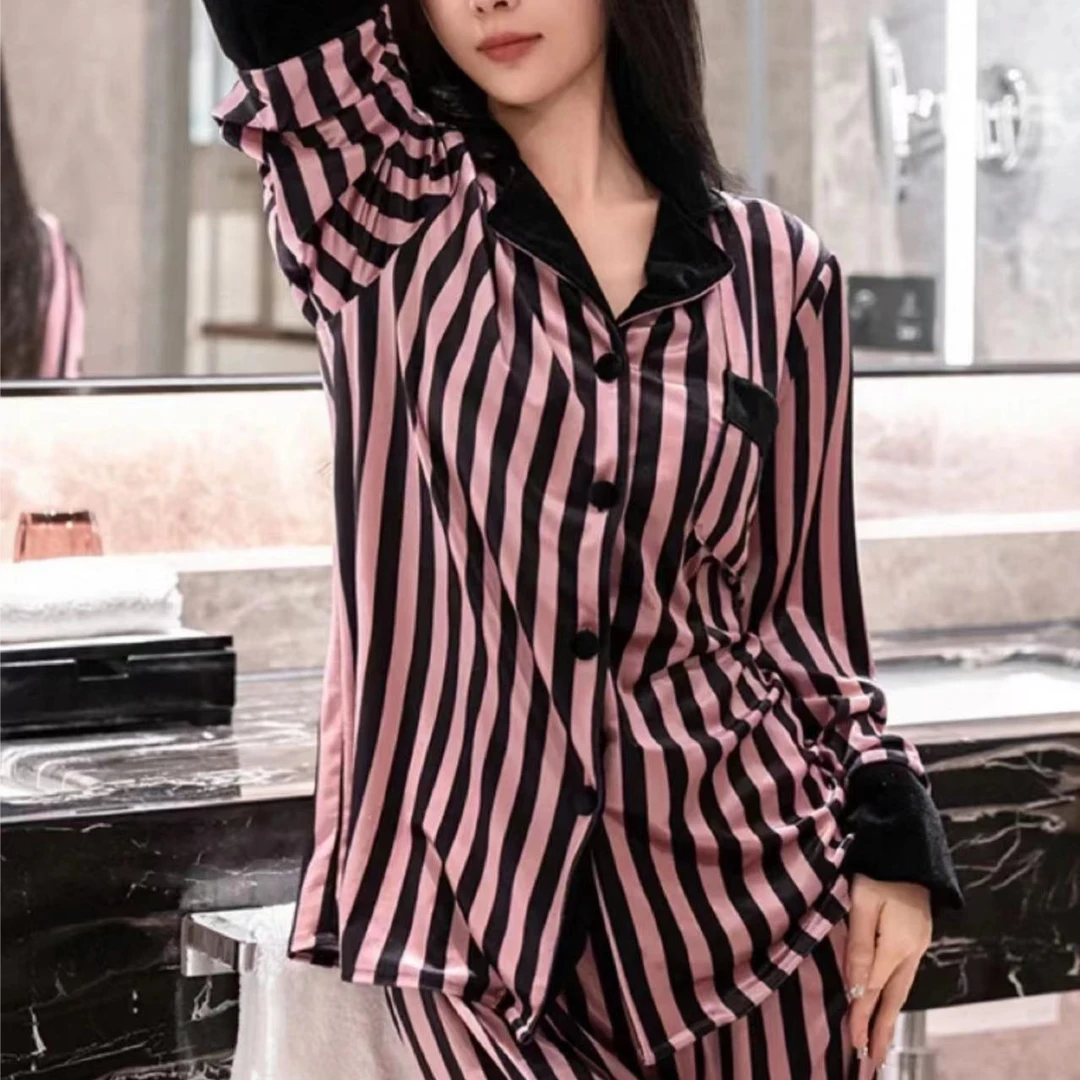 大榕家【Black pink】 时尚休闲高定条纹睡衣套装家居服