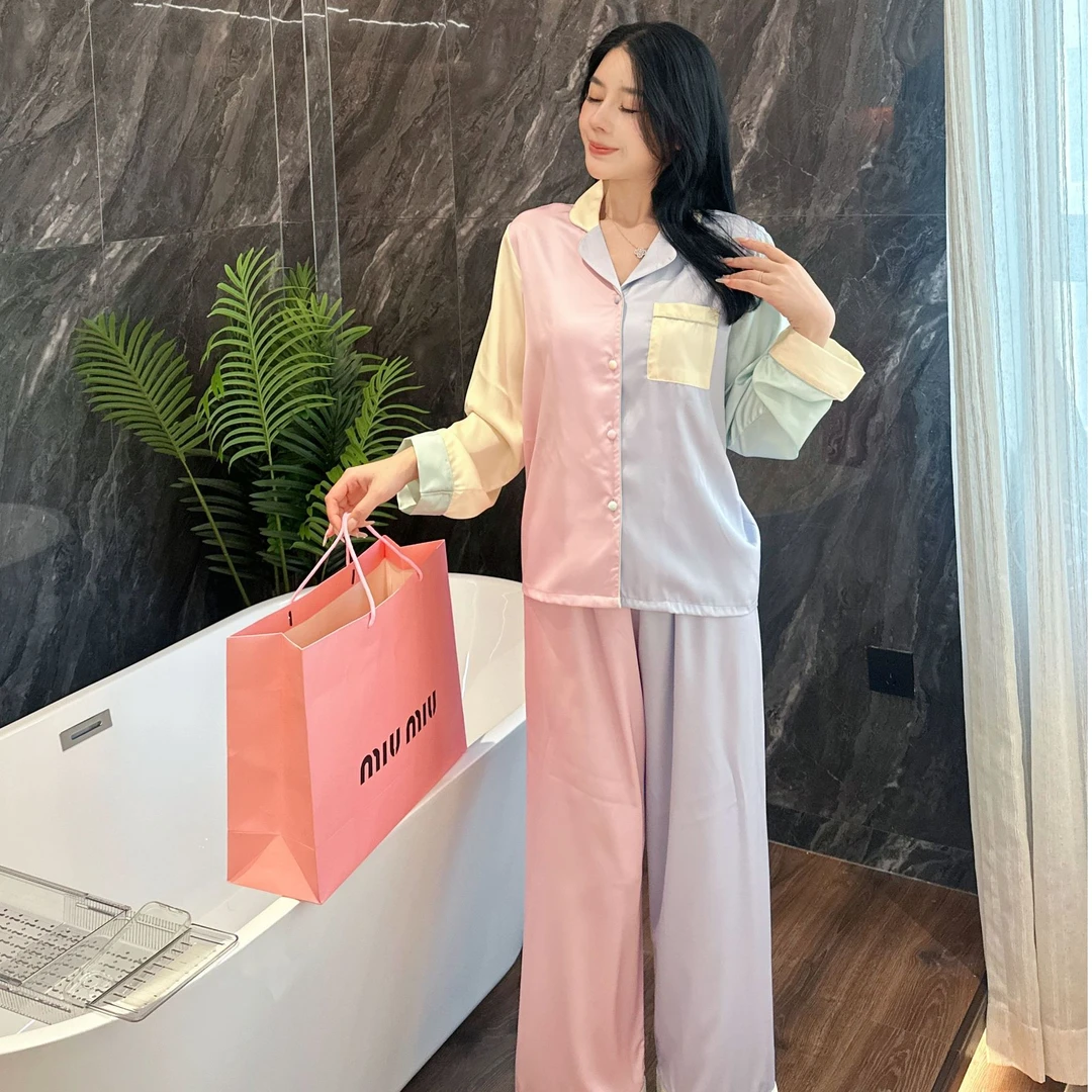 池下睡衣女款爆款2024新款长袖春秋出门款时尚家居服撞色拼色套装
