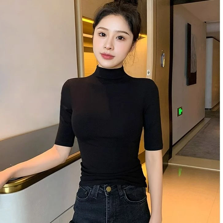 轻奢洋气修身打底衫高领中袖上衣夏秋季五分袖黑色内搭外穿t恤A6