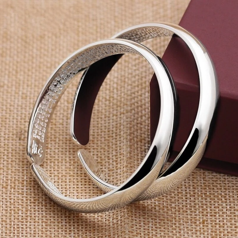 足银手镯 实心足银999.9贵妃轮胎镯开口光面心经泥鳅背实心银手镯