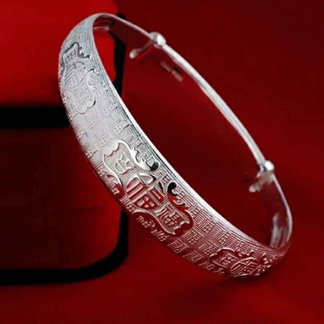 足银手镯 9999纯银镯子妈妈推拉百福镯 可调节老人手镯时尚百搭