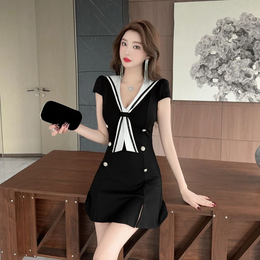 纯欲风性感海军领撞色连衣裙设计感时尚气质收腰沐足技师工服短裙