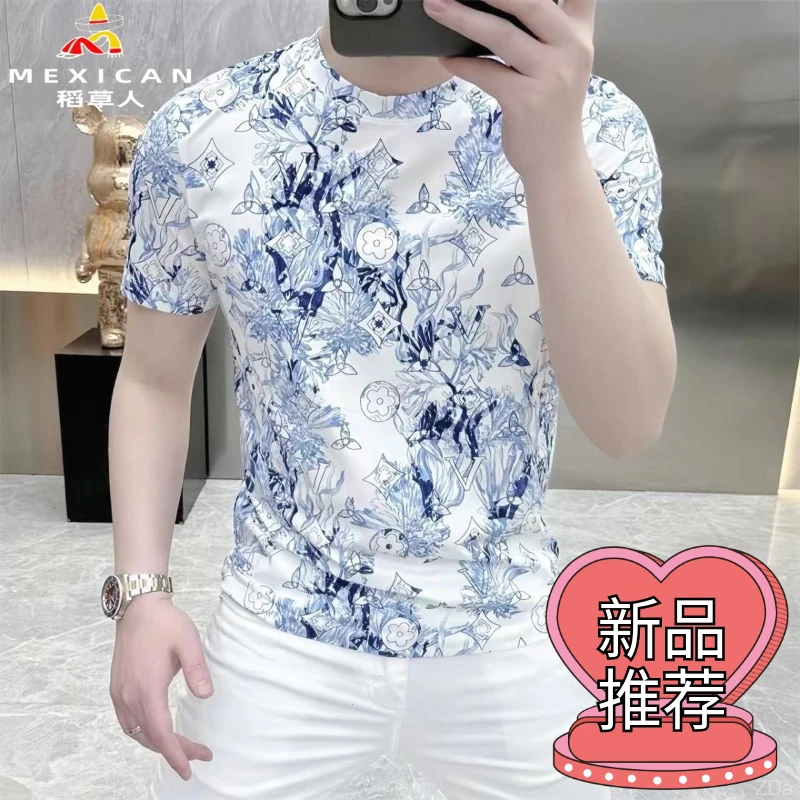 啄木鸟高级感欧货时尚印花短袖T恤男士夏季薄款高端痞帅圆领半袖