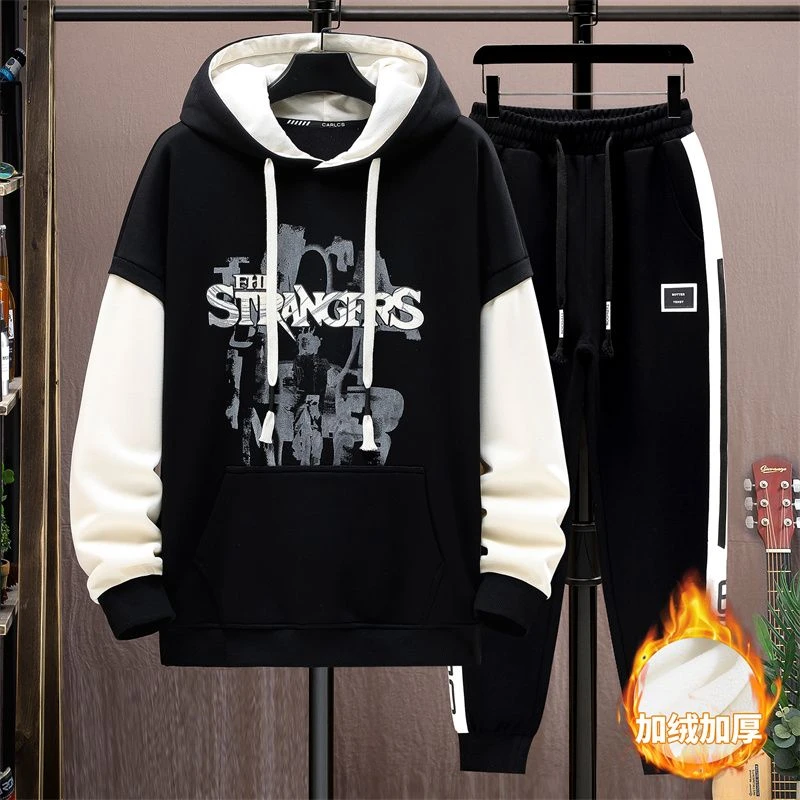 稻草人秋冬款加绒加厚运动套装拉链休闲初中男孩连帽潮流青少年