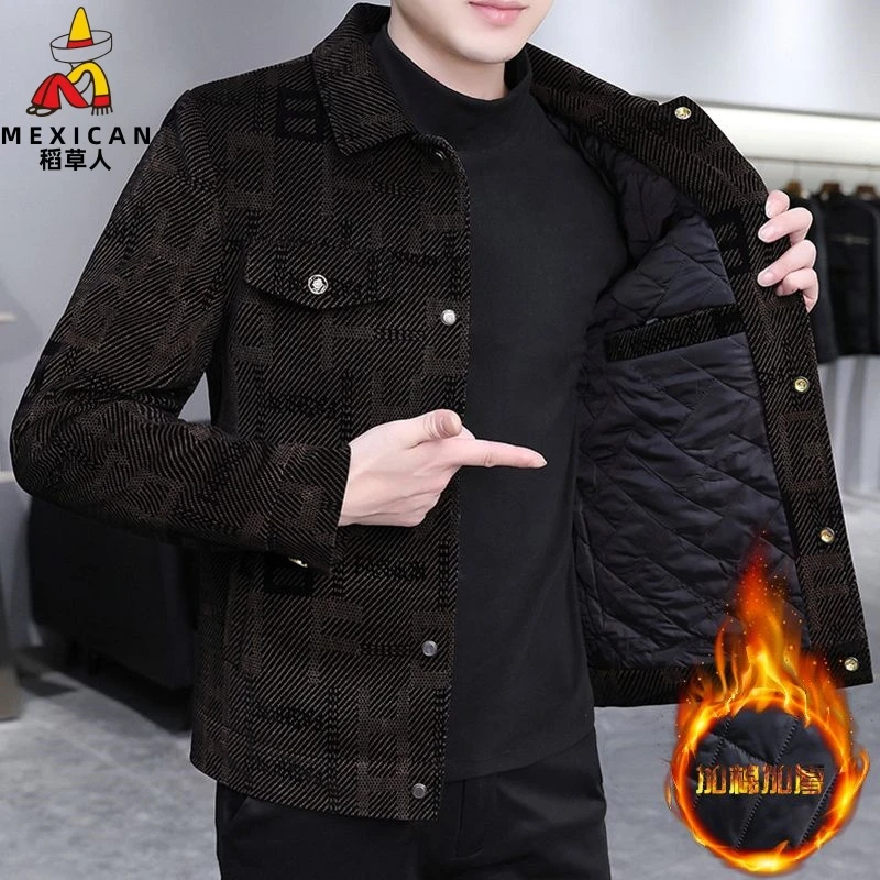 稻草人外套秋冬季潮流新款时尚男士韩版翻领夹克男加棉加厚上衣帅