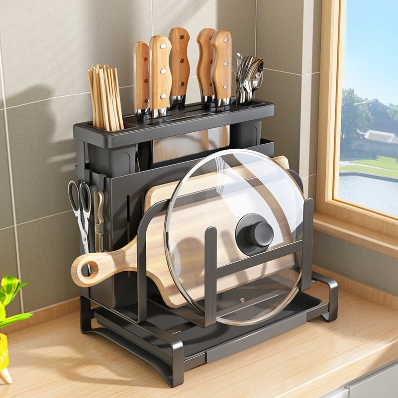 陶市厨房用品免打孔厨房置物架厨房用具大全多功能刀架锅盖架一体