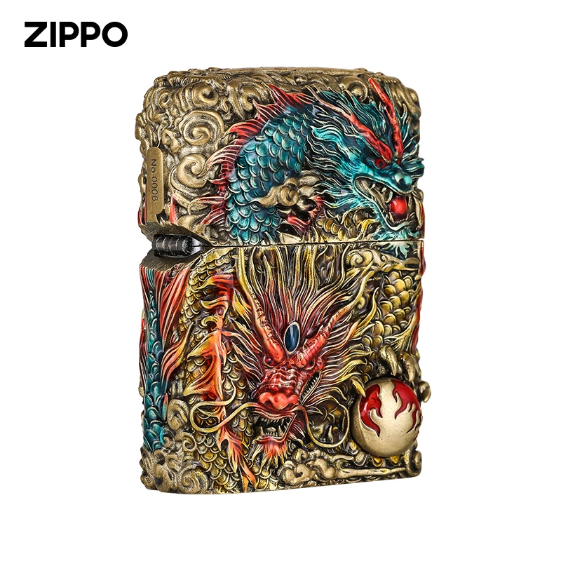 打火机ZIPPO正品夜光双龙戏珠经典龙珠防风煤油打火机DY9902TJ