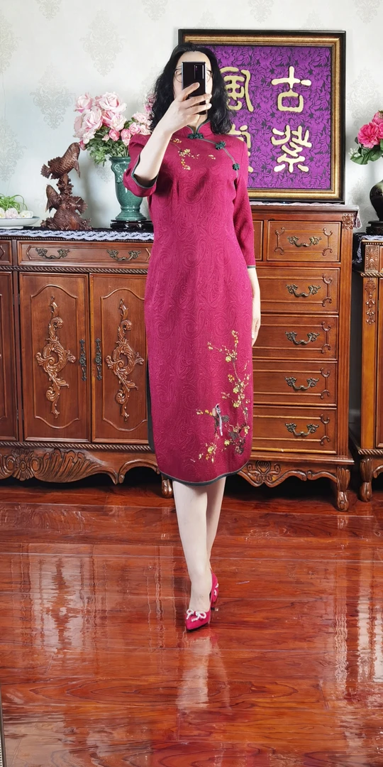 百货精品真丝羊毛绣花公商务简中式国风华美喜妈妈旗袍复古气质