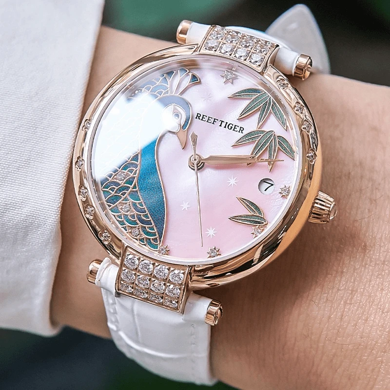 REEF TIGER/瑞夫泰格女士全自动机械表腕表女款防水手表女士夜光