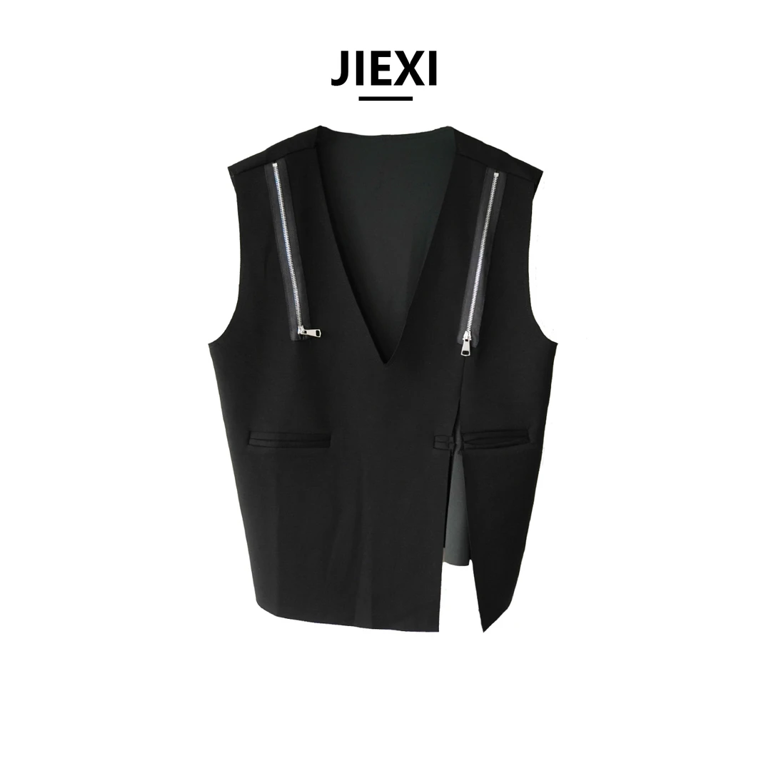 JIEXI潮牌设计师秋季气质重工女士百搭马夹轻奢不规则马甲jx1039