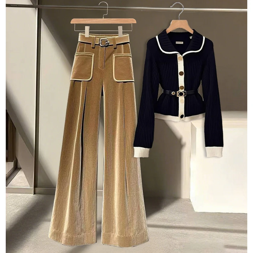2024年冬季新款高级感慵懒风针织衫休闲百搭阔腿小众裤子两件套女