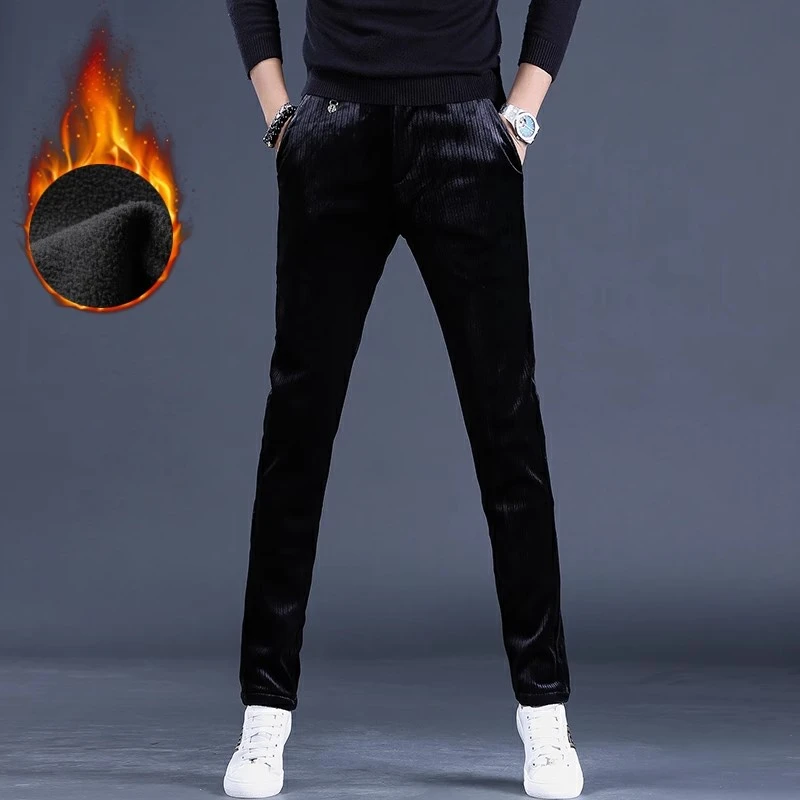 新款秋冬男裤子潮流弹力修身小直筒休闲裤韩版英伦加绒男装长裤