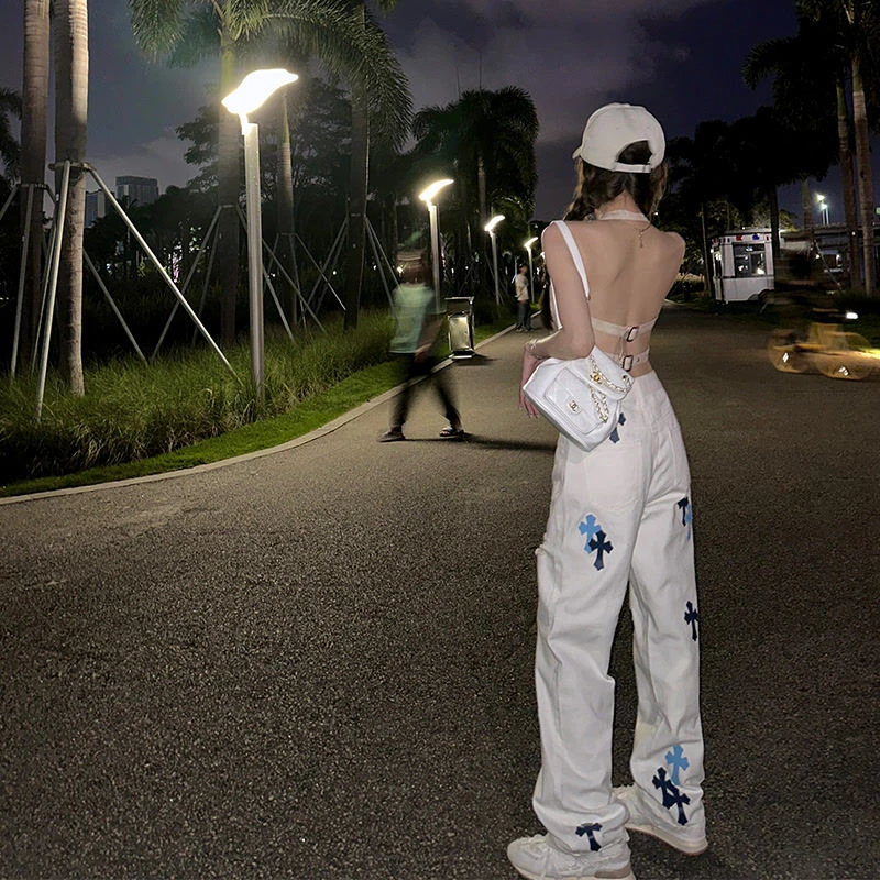 titi小姐姐【cozy克罗假日】十字皮标宽松破洞白色直筒牛仔裤薄款