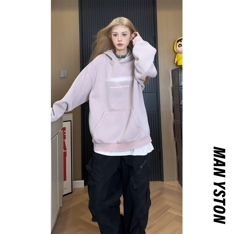 国潮美式休闲百搭袋鼠兜连帽情侣卫衣春秋季400g重磅水洗外套运动