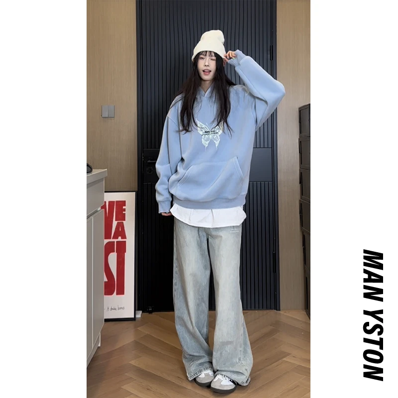 美式复古袋鼠兜印花连帽国潮卫衣春秋季400g重磅情侣帽衫外套宽松