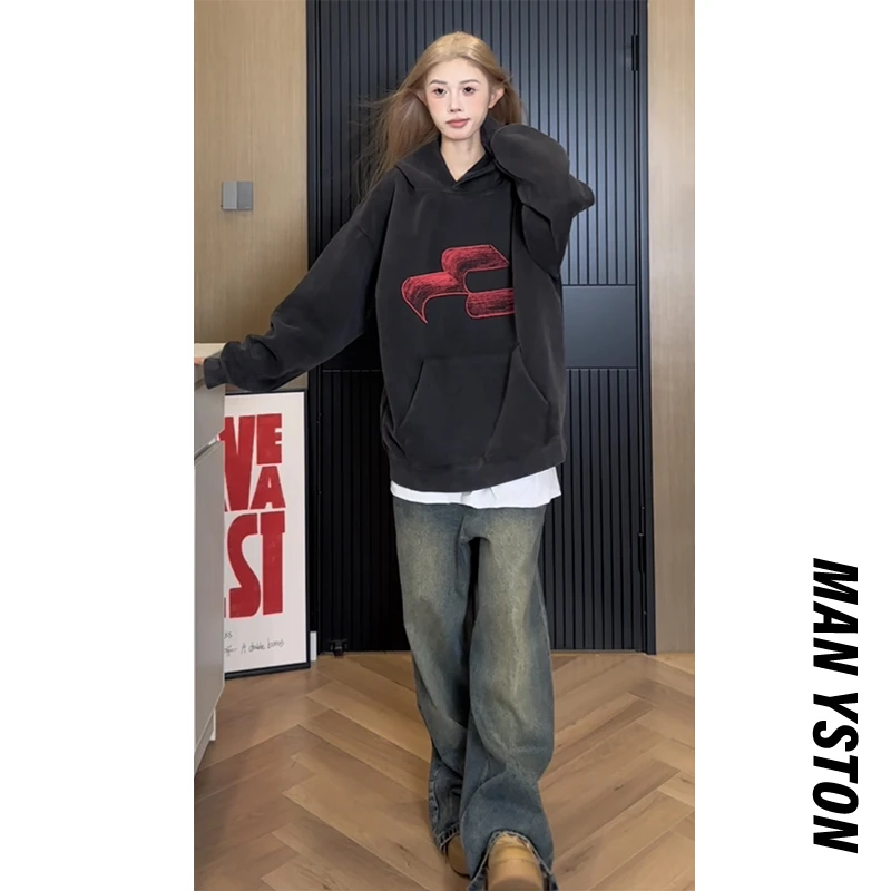 国潮美式400g重磅卫衣复古春秋季潮牌水洗连帽情侣装外套高街宽松