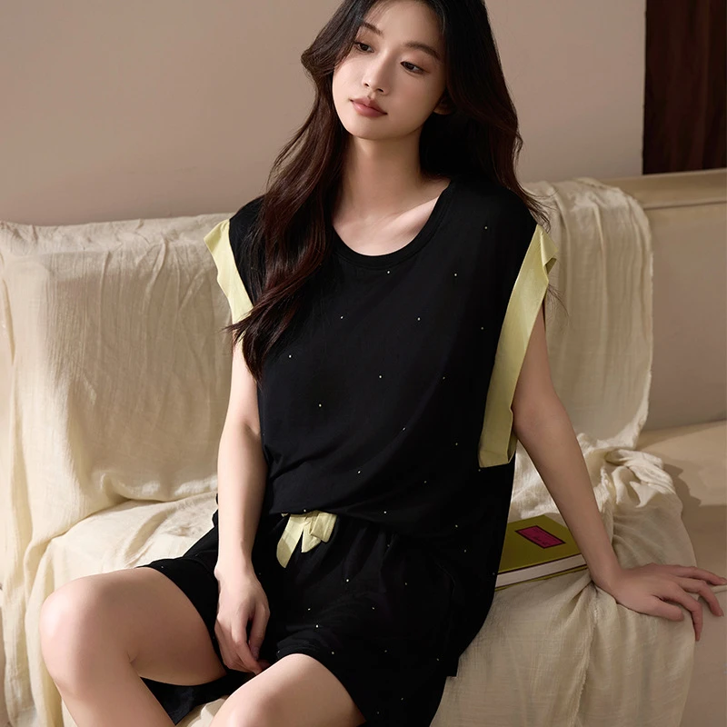 莫代尔带胸垫睡衣女夏季短裤圆领新款女士韩版简约宽松家居服套装