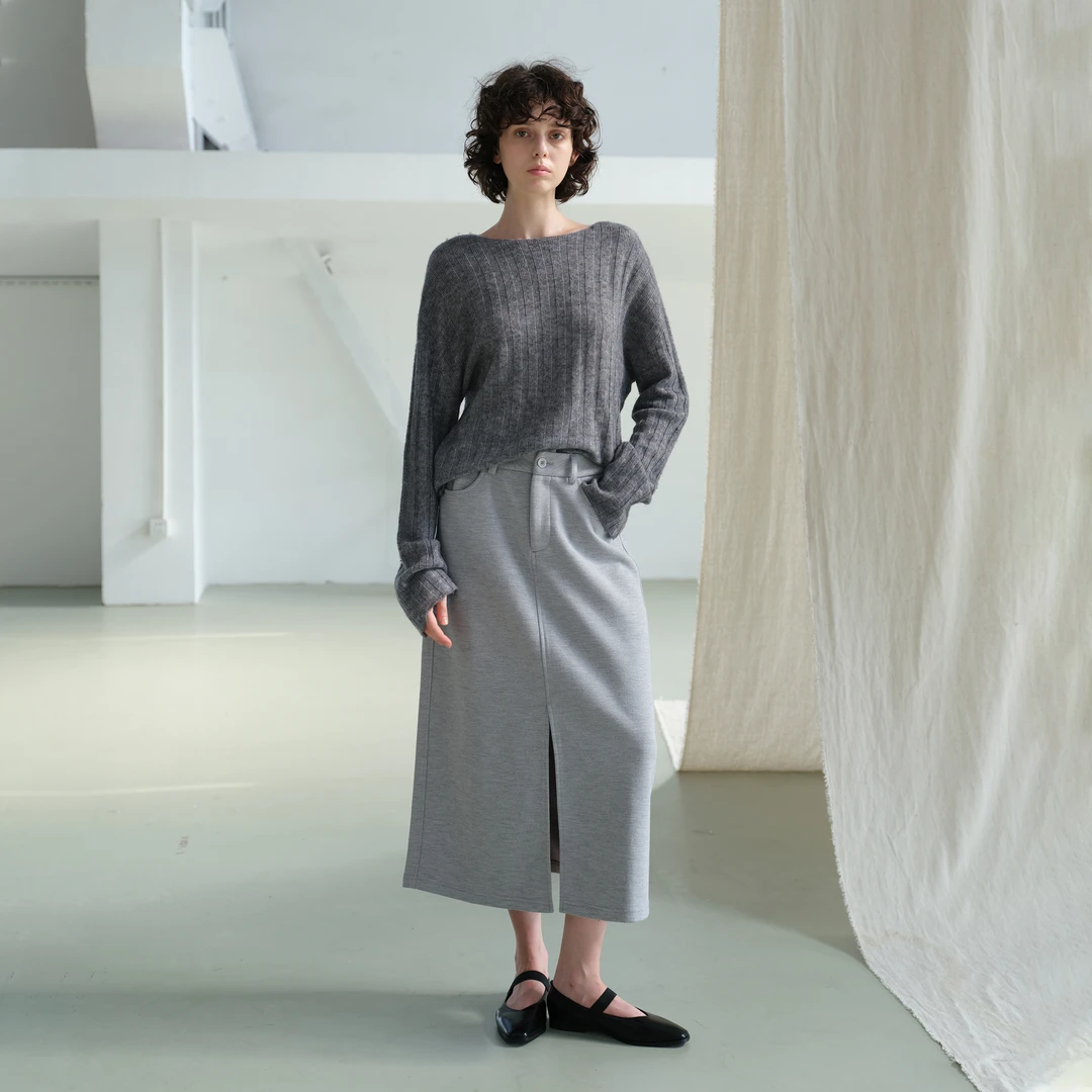 NOEND 24AW 蚕丝羊绒高腰直筒前开叉中长裙简约百搭半身裙