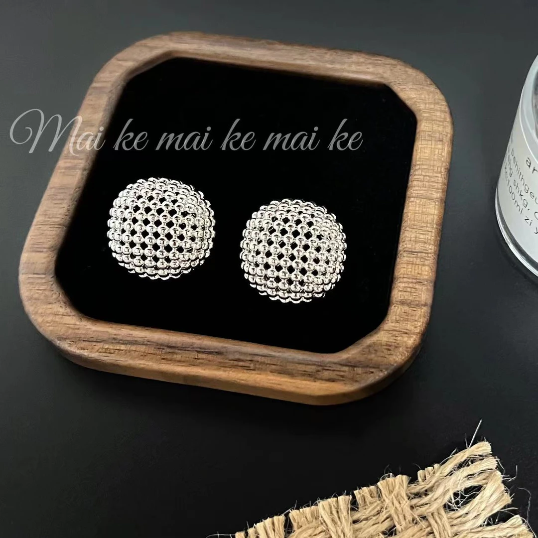 铜合金耳饰 镂空圆球耳环银色金色高级感小众设计师耳钉简约r879