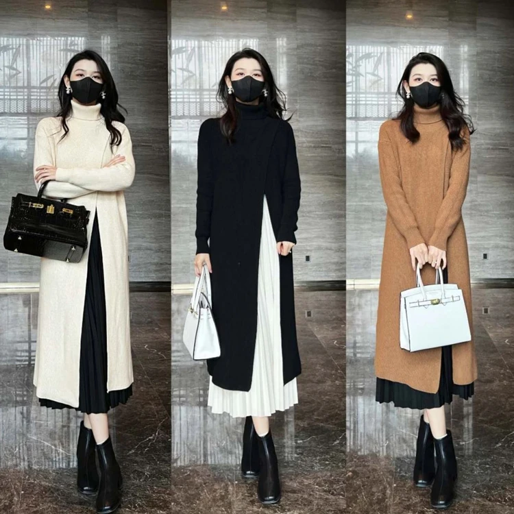 2024春秋新款韩版气质显瘦长款高领针织开叉毛衣裙百褶半身裙套装