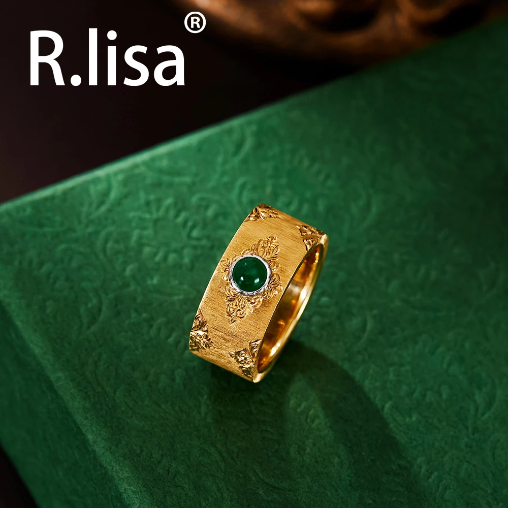 18K金布契拉提工艺祖母绿戒指拉丝指环欧美复古典雅时尚精致气质
