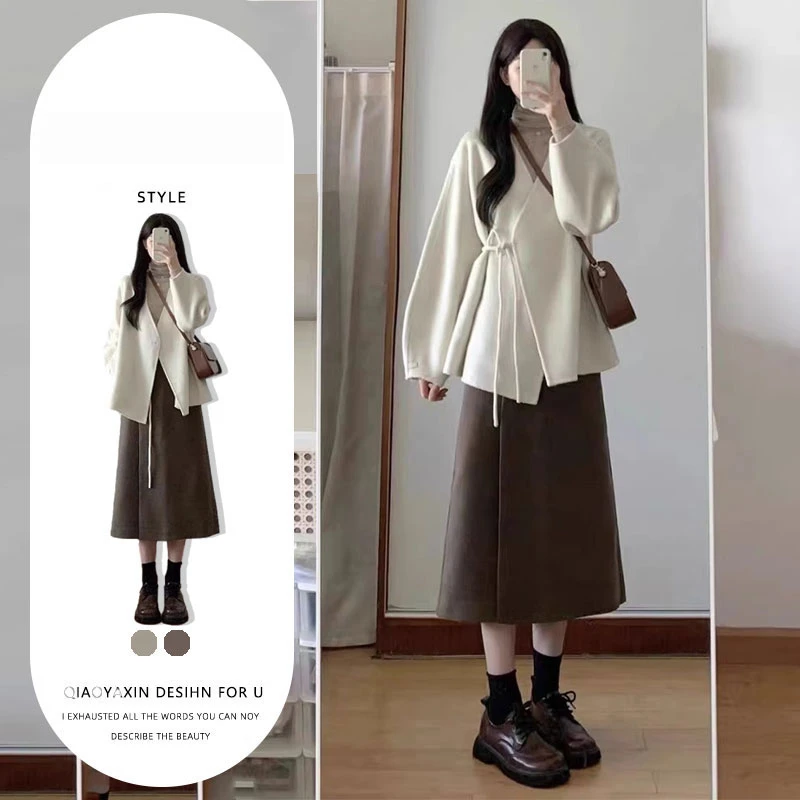 早初秋季女装微胖减龄雅丹风穿搭配一整套盐系轻熟连衣裙子两件套